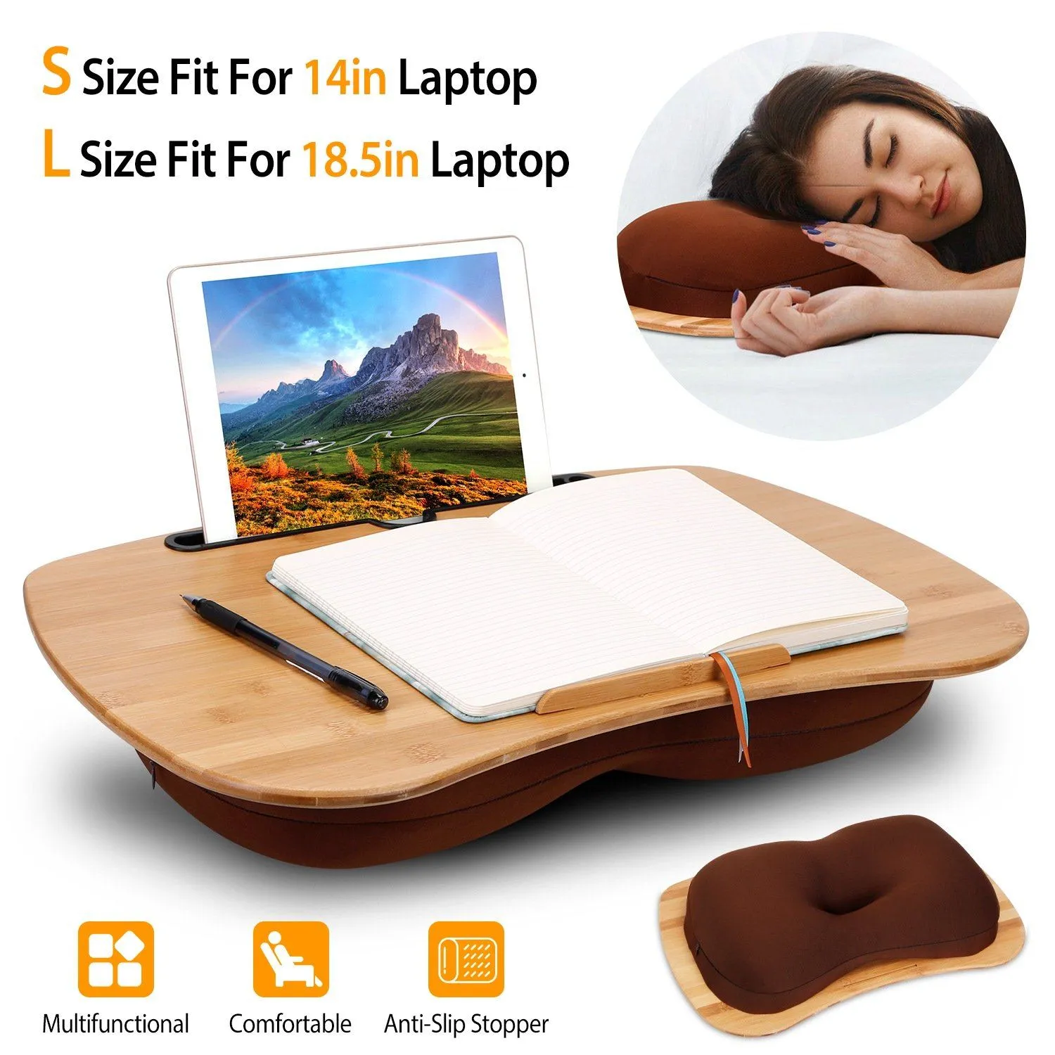 Bamboo Laptop Lap Desk with Pillow Cushion Stand Holder Table