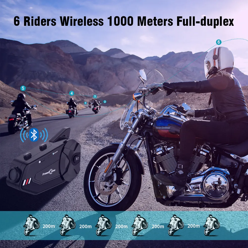 Freedconn New Motocycle Helmet Waterproof and Wireless Bluetooth R1 Plus E 1000M Intercom Headset with Stereo Music