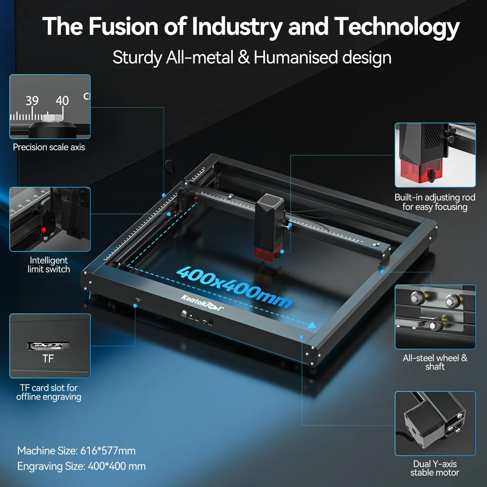 KENTOKTOOL Laser Engraving Machine, JL7 60W Laser Cutter 10W Output and Laser Engraver and Cutter Machine APP Supported, 0.01mm Accuracy 400 * 400mm Size for Wood and Metal Leather Acrylic Glass