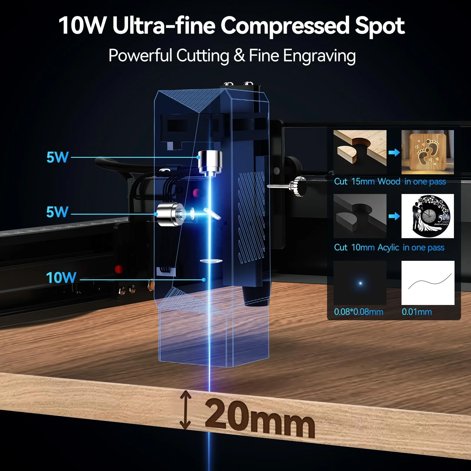 KENTOKTOOL Laser Engraving Machine, JL7 60W Laser Cutter 10W Output and Laser Engraver and Cutter Machine APP Supported, 0.01mm Accuracy 400 * 400mm Size for Wood and Metal Leather Acrylic Glass