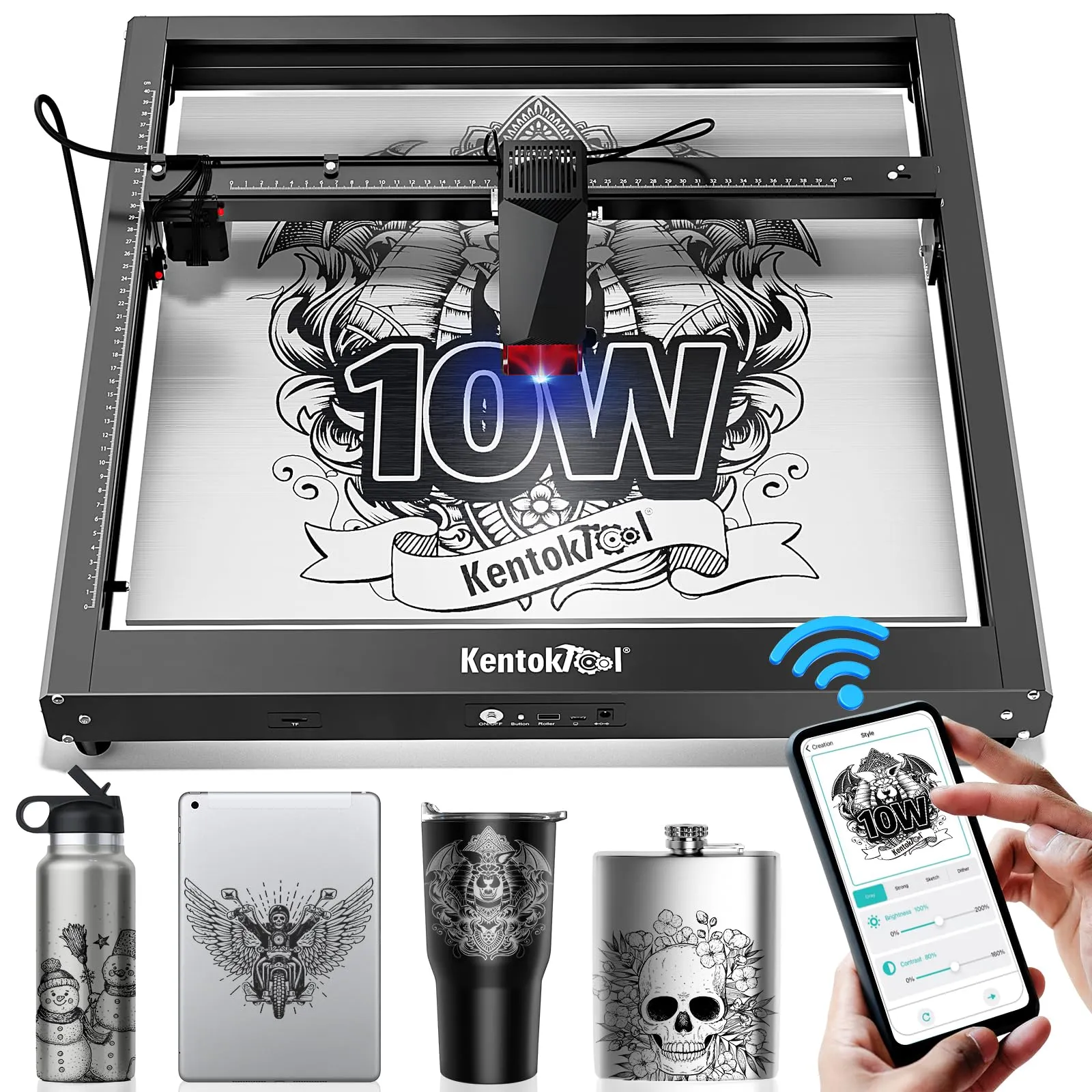 KENTOKTOOL Laser Engraving Machine, JL7 60W Laser Cutter 10W Output and Laser Engraver and Cutter Machine APP Supported, 0.01mm Accuracy 400 * 400mm Size for Wood and Metal Leather Acrylic Glass