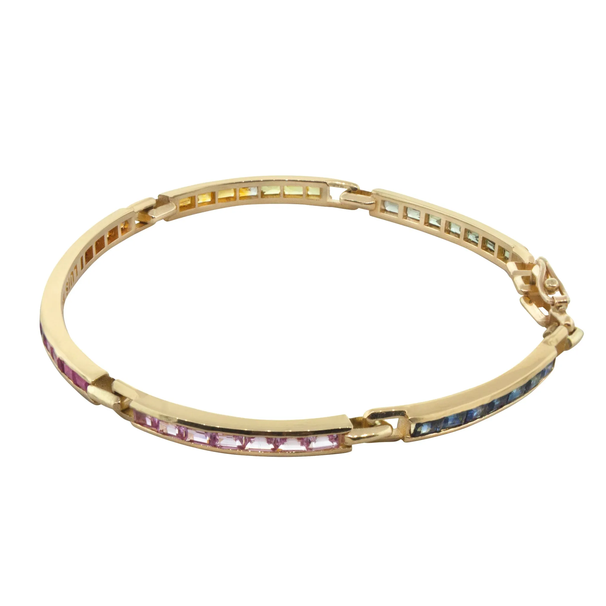 Rainbow Sapphire Baguette Gold Long Link ID Bracelet