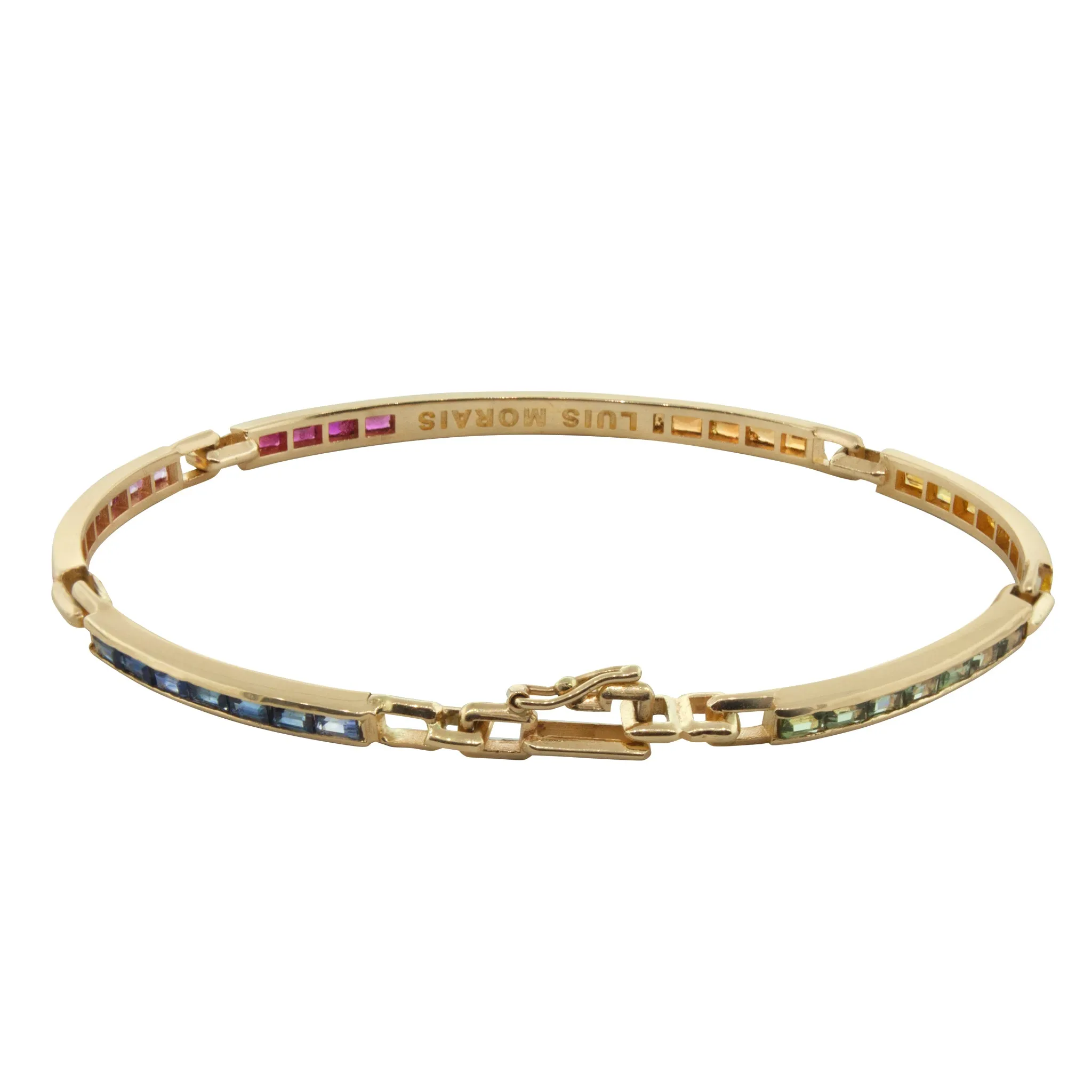 Rainbow Sapphire Baguette Gold Long Link ID Bracelet