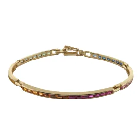 Rainbow Sapphire Baguette Gold Long Link ID Bracelet