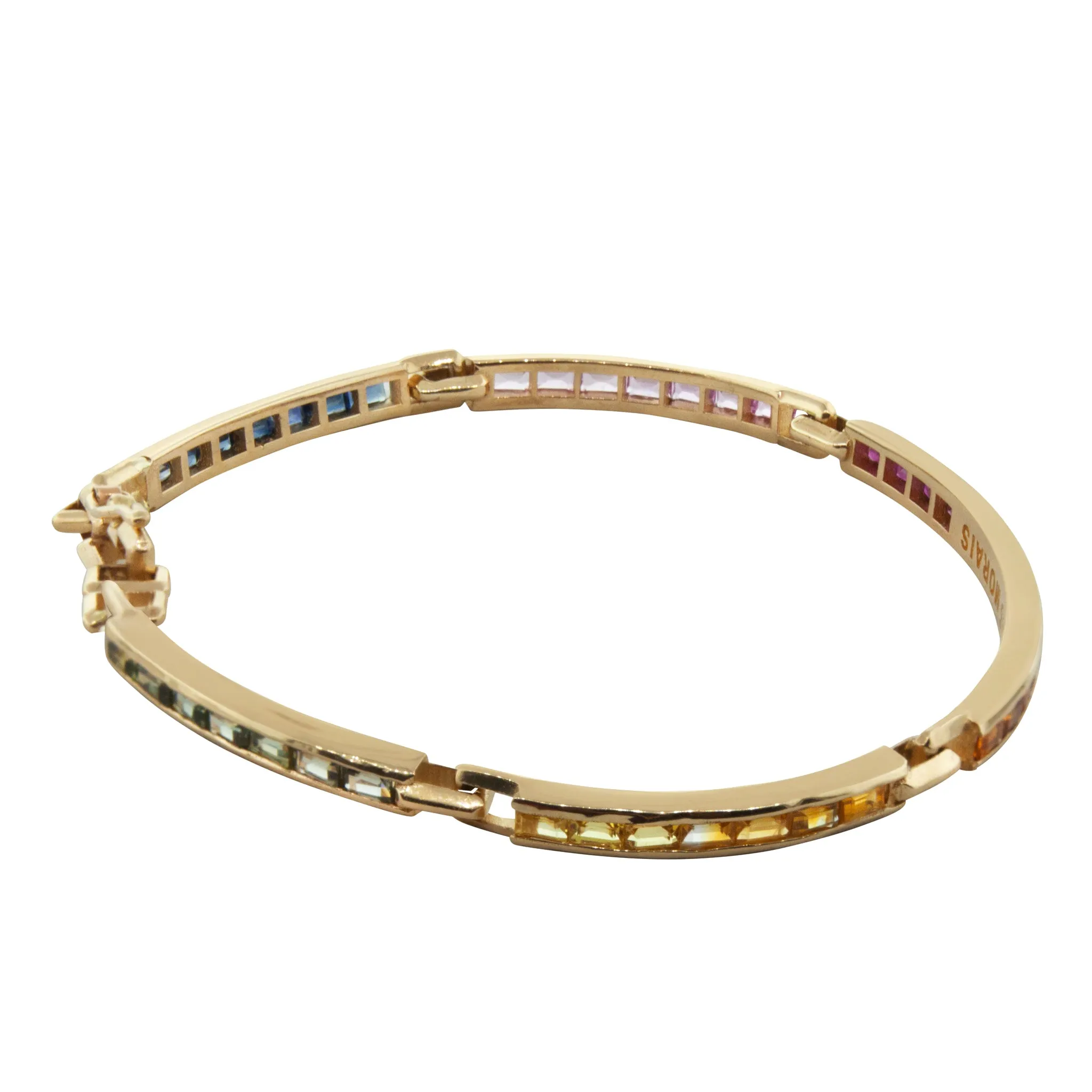 Rainbow Sapphire Baguette Gold Long Link ID Bracelet