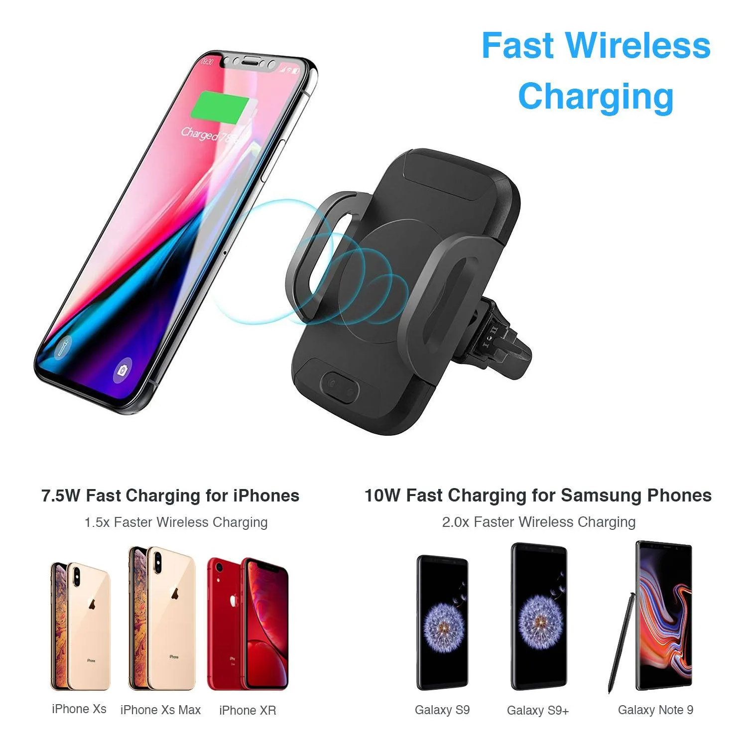 Wireless Charger Car Phone Mount - Sensor Auto-Clamp, QC 3.0 Adapter